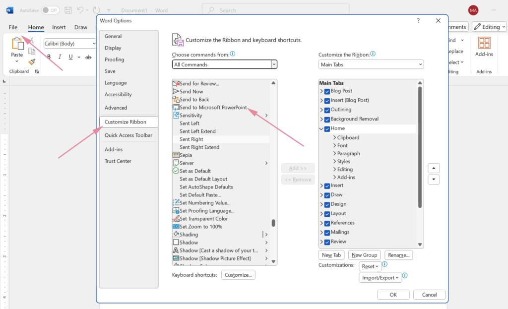 Perintah Send to PowerPoint diatur dengan menggunakan kotak dialog